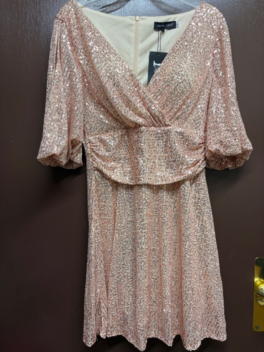 Miss Ord Rose Gold Sequin Midi Dress with V-Neck and Puff Sleeves